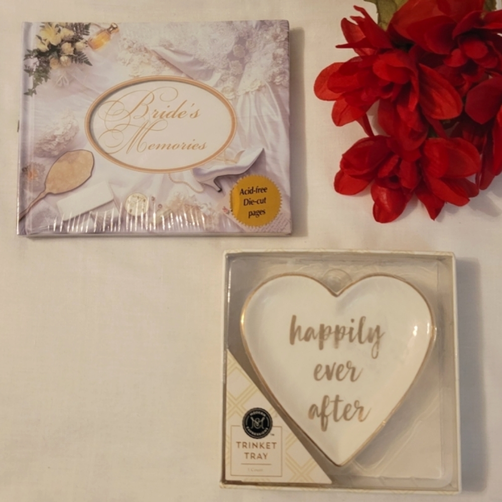NEW Bride Memory Book & "Happily Ever After" Heart Shaped Ceramic Trinket Dish
